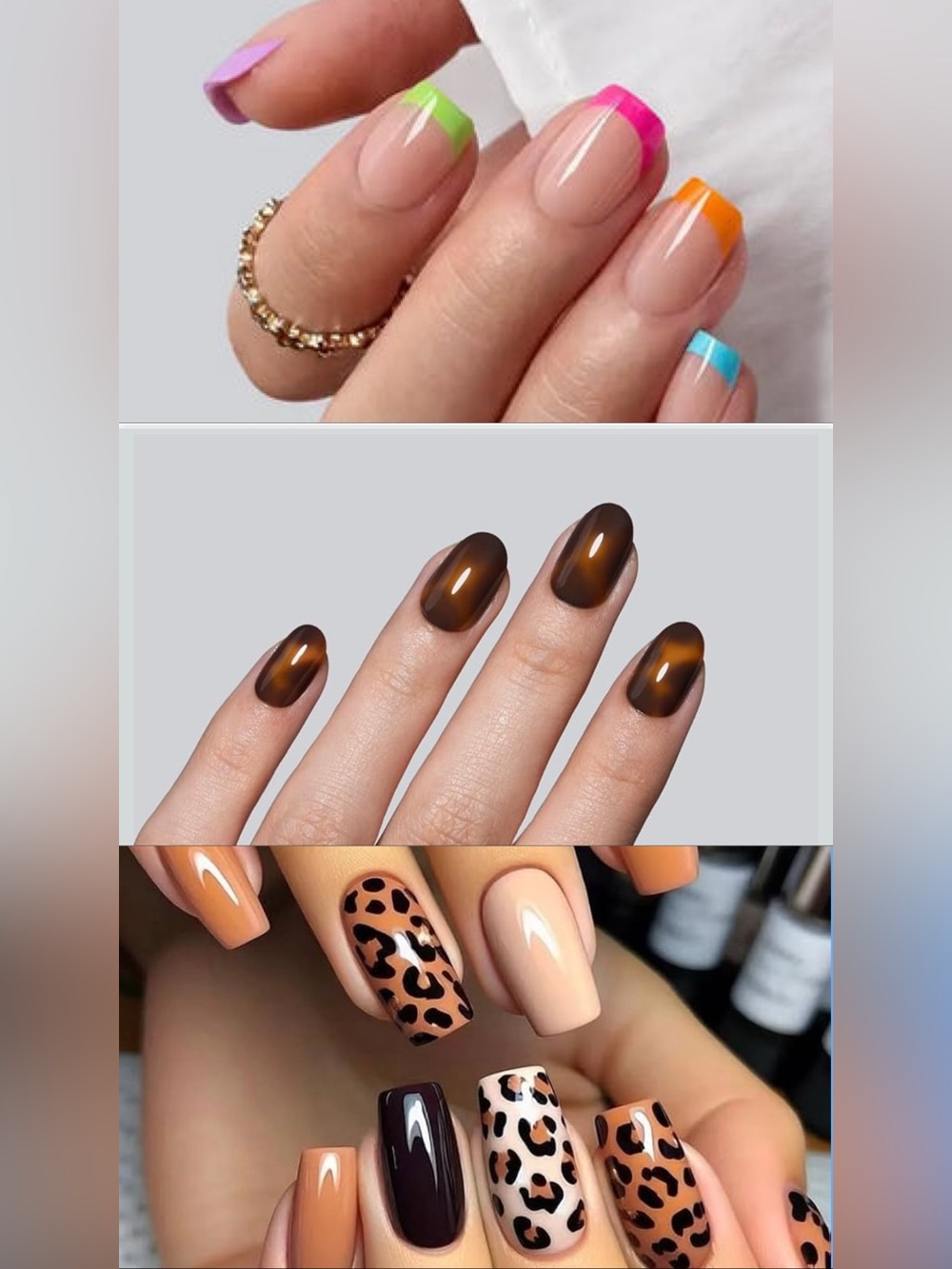 Three (3) packs of Press On Nails - Neon French, Tortoise, Cheetah Print